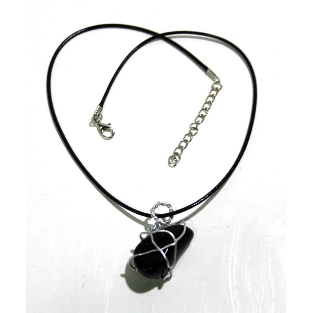 Utah Black Obsidian Gemstone Silver Tone Wire Wrap Polished Pendant Necklace 18"